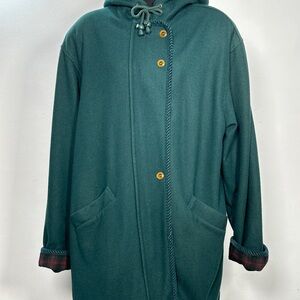 Vintage 80s Green Wool Duffel Coat W/Hood Plaid Lined Herman Kay M/L